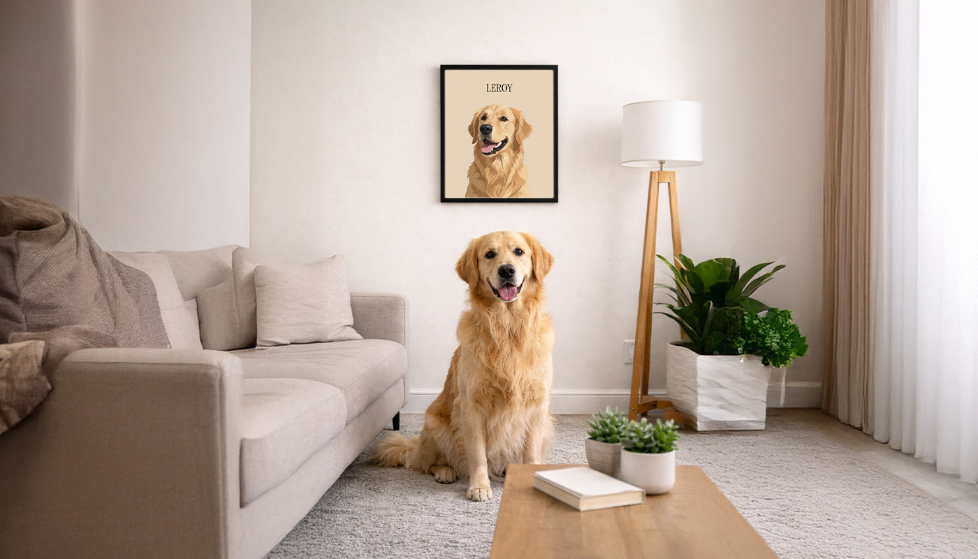 Custom Pet Portraits framed on wall with dog sitting in front