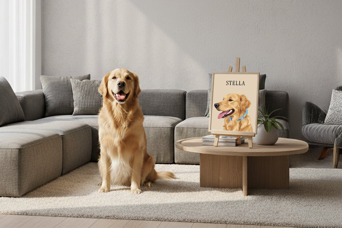 Hand Drawn Custom Pet Portraits with dog sitting on rug