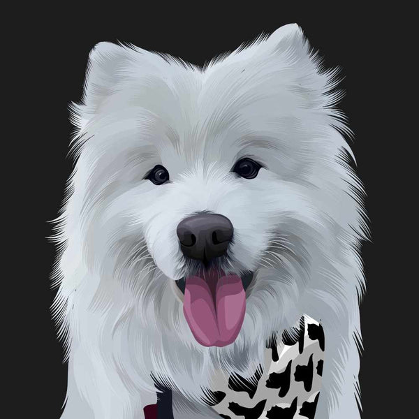 Hand Drawn Pet Portrait of White Dog with Black Background