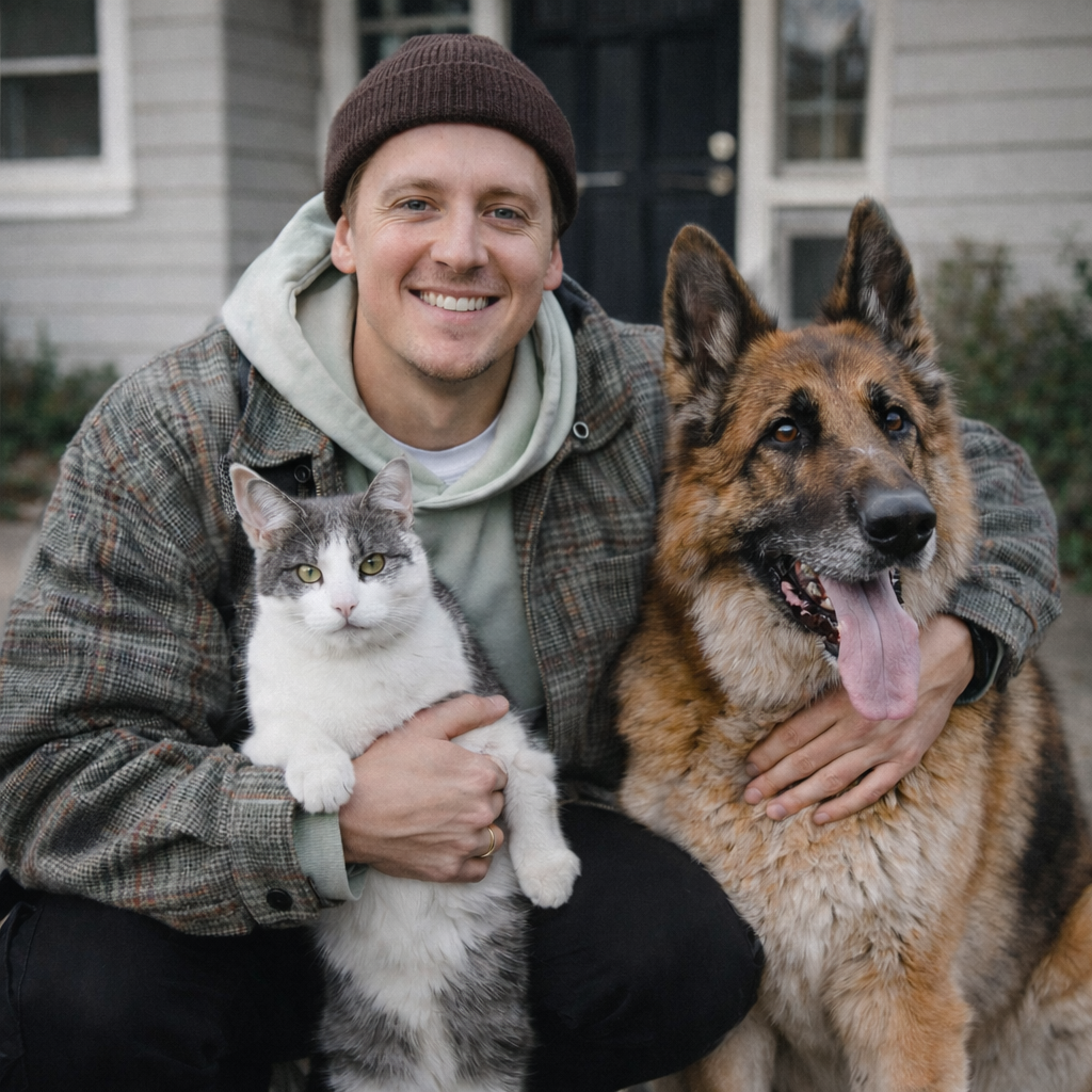 Founder holding his pets for a photo