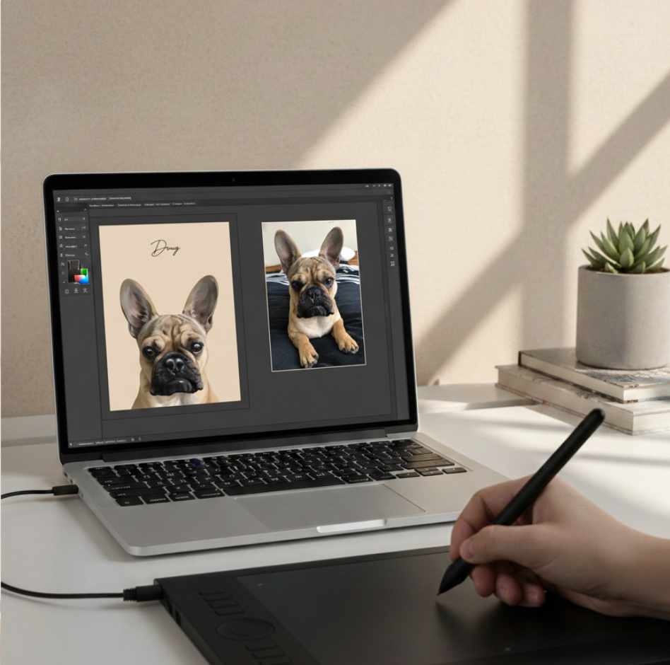 Hand Drawn Pet Portrait being edited on computer